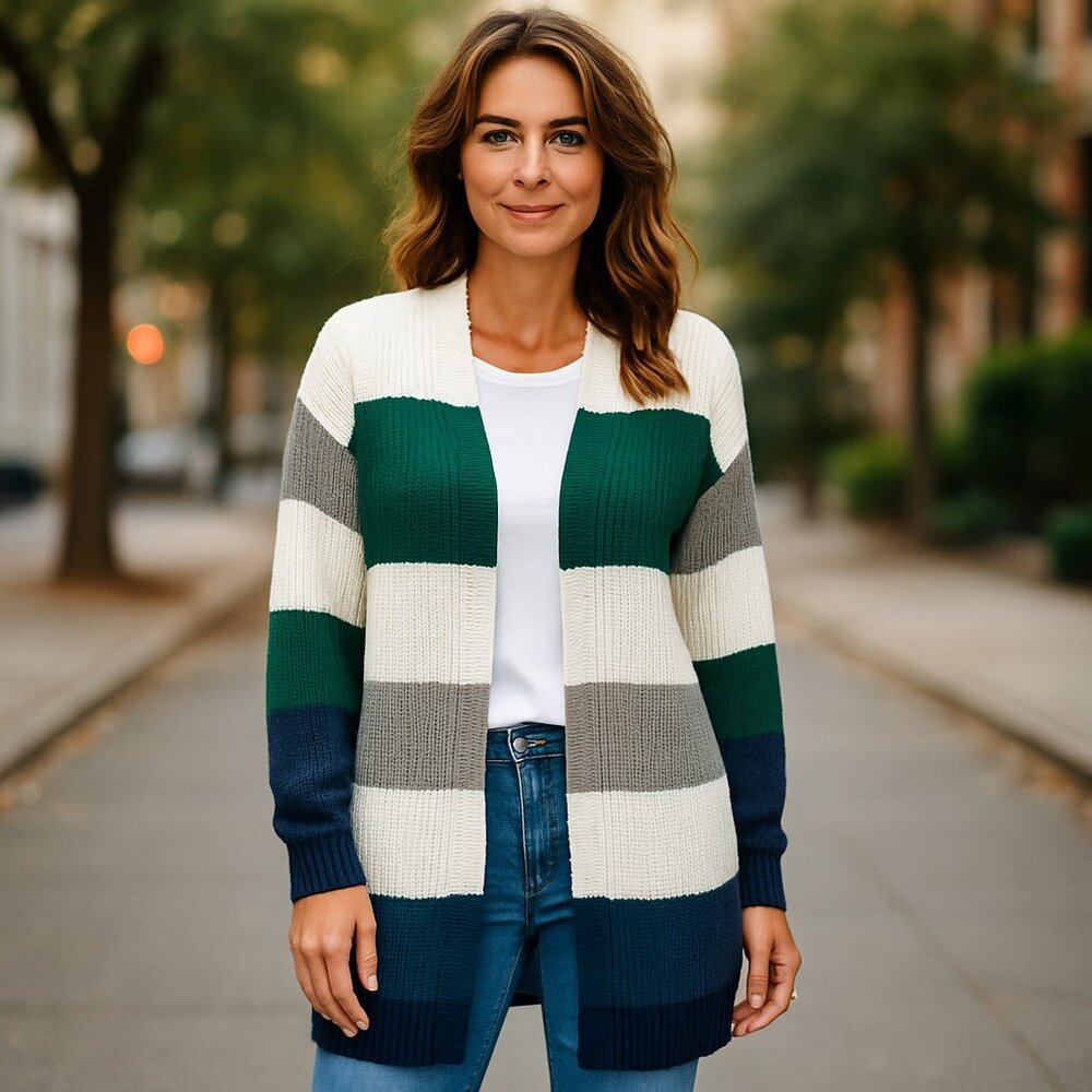 Evelyn Taylor Open Front Colorblock Cardigan - Picture 2 of 5